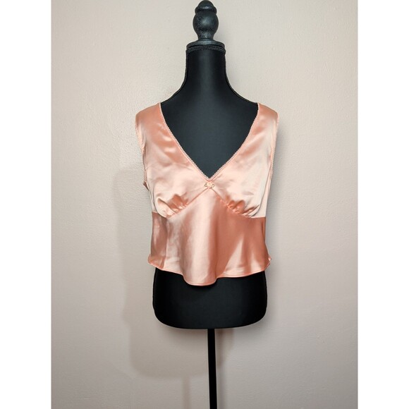 Y2K Satin Babydoll Crop Top Coquette Peach Crochet Trim Flower Center Sz L Girly - Picture 2 of 10